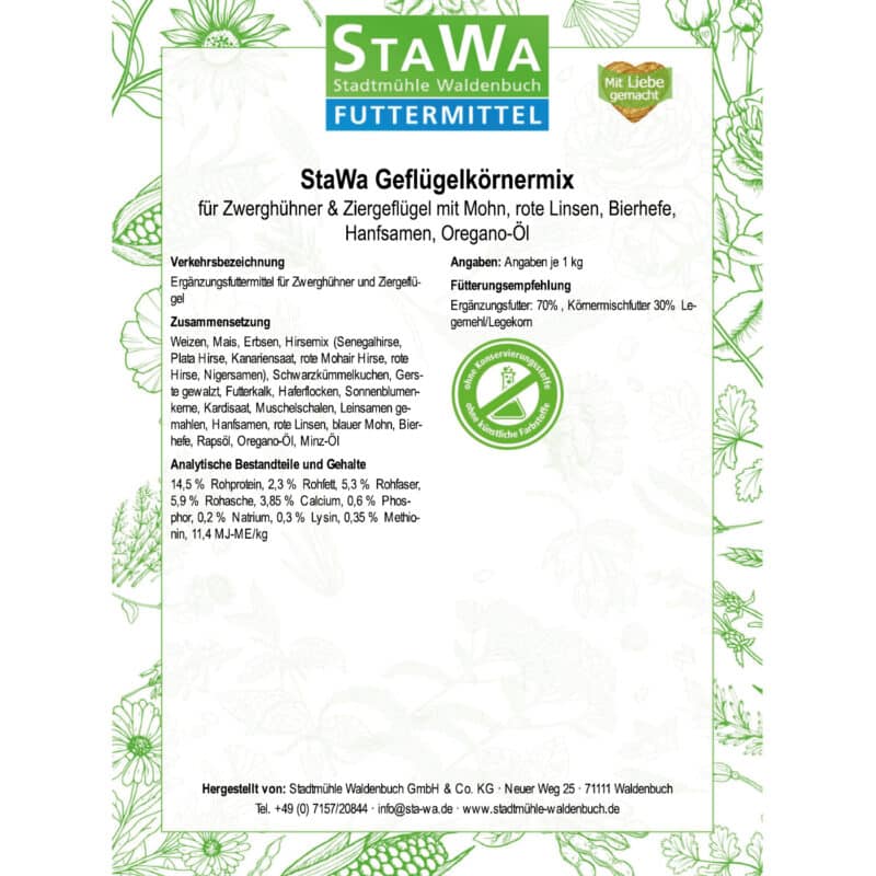StaWa Geflügelkörnermix für Zwerghühner & Ziergeflügel, ohne Gentechnik | Mohn | Bierhefe | Hanfsamen | Karotten | Oregano-Öl – Detailbild 3 – jetzt kaufen bei Stadtmühle Waldenbuch Onlineshop