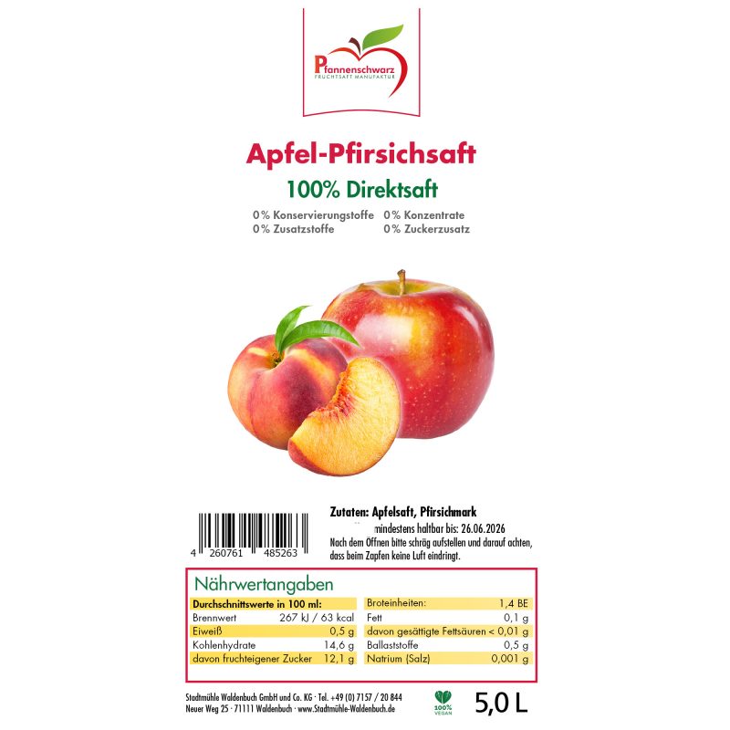Apfel-Pfirsichsaft 100% Direktsaft Bag in Box 5 L – Detailbild 2 – jetzt kaufen bei Stadtmühle Waldenbuch