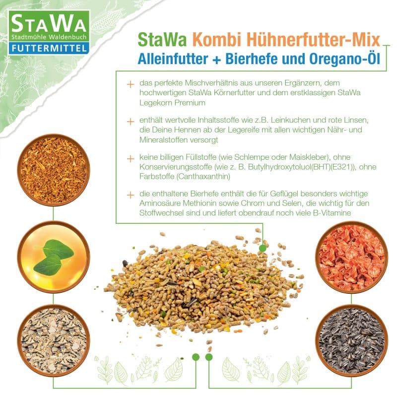 StaWa Kombi Hühnerfutter-Mix | ohne Gentechnik | Alleinfutter + Bierhefe und Oregano-Öl – Detailbild 3 – jetzt kaufen bei Stadtmühle Waldenbuch