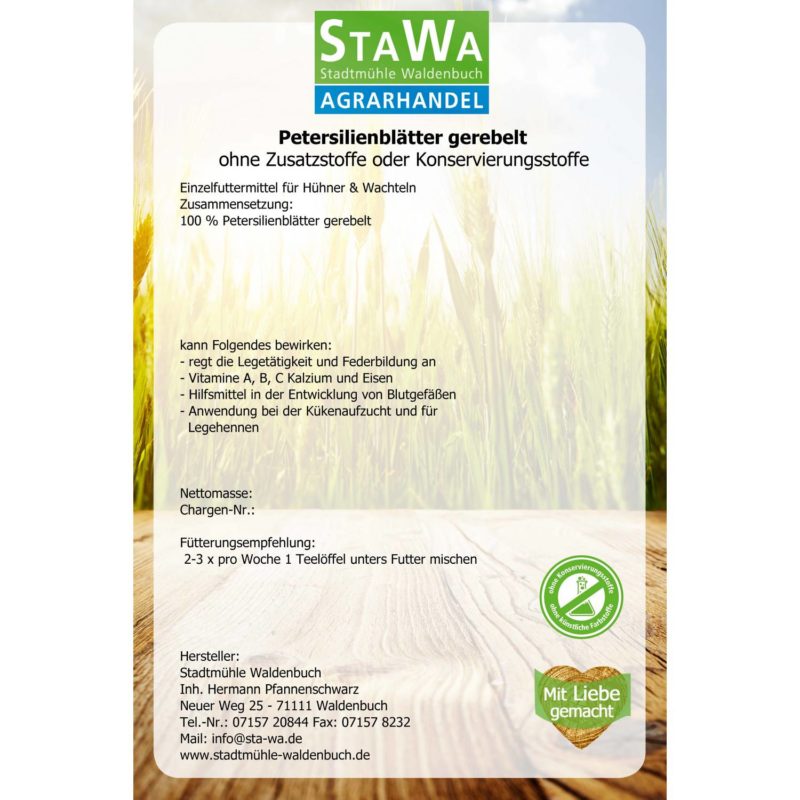 StaWa Petersilienblätter gerebelt für Hühner und Wachteln – Detailbild 1 – jetzt kaufen bei Stadtmühle Waldenbuch