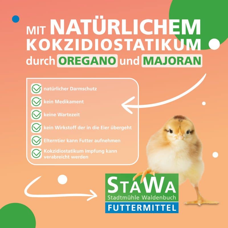 StaWa Kükenmehl Kükenaufzucht Alleinmehl mit natürlichem Cocci-Schutz | ohne Gentechnik | mit Leinschrot & Schwarzkümmel | Premium Kükenfutter für sichere Aufzucht | Cocci-Schutz durch Majoran und Oregano-Öl – Detailbild 2 – jetzt kaufen bei Stadtmühle Waldenbuch Onlineshop
