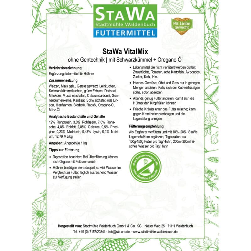 StaWa VitalMix Hühnerfutter Geflügelkörnerfutter | ohne Gentechnik | mit Schwarzkümmel + Oregano Öl – Detailbild 3 – jetzt kaufen bei Stadtmühle Waldenbuch Onlineshop
