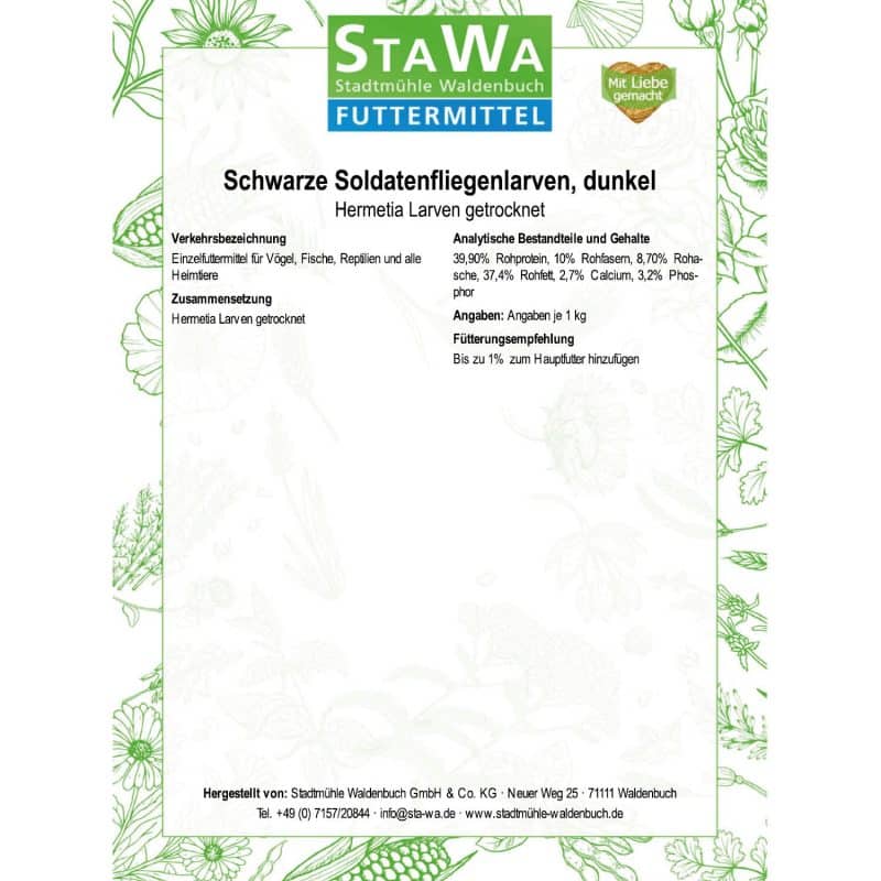 Schwarze Soldatenfliegenlarven, dunkel - Hermetia Larven getrocknet, ohne künstliche Konservierungs- und Zusatzstoffe – Detailbild 2 – jetzt kaufen bei Stadtmühle Waldenbuch