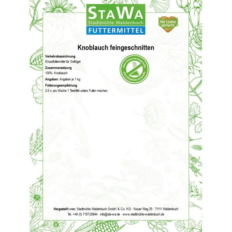 StaWa Knoblauch fein geschnitten - für Hühner und Wachteln - in Lebensmittelqualität – Detailbild 1 – jetzt kaufen bei Stadtmühle Waldenbuch Onlineshop