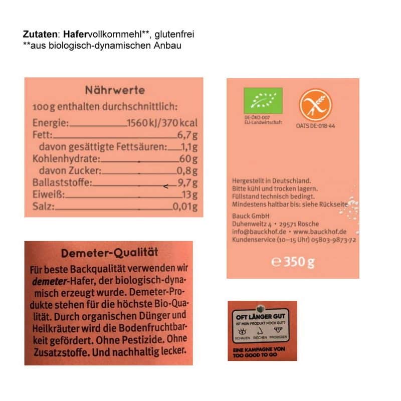 Bauckhof Bio Hafermehl Vollkorn Demeter, glutenfrei 350g – Detailbild 1 – jetzt kaufen bei Stadtmühle Waldenbuch