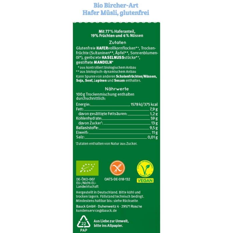 Bauckhof - Bircher Müsli Hafer, glutenfrei, ungesüßt – Detailbild 1 – jetzt kaufen bei Stadtmühle Waldenbuch