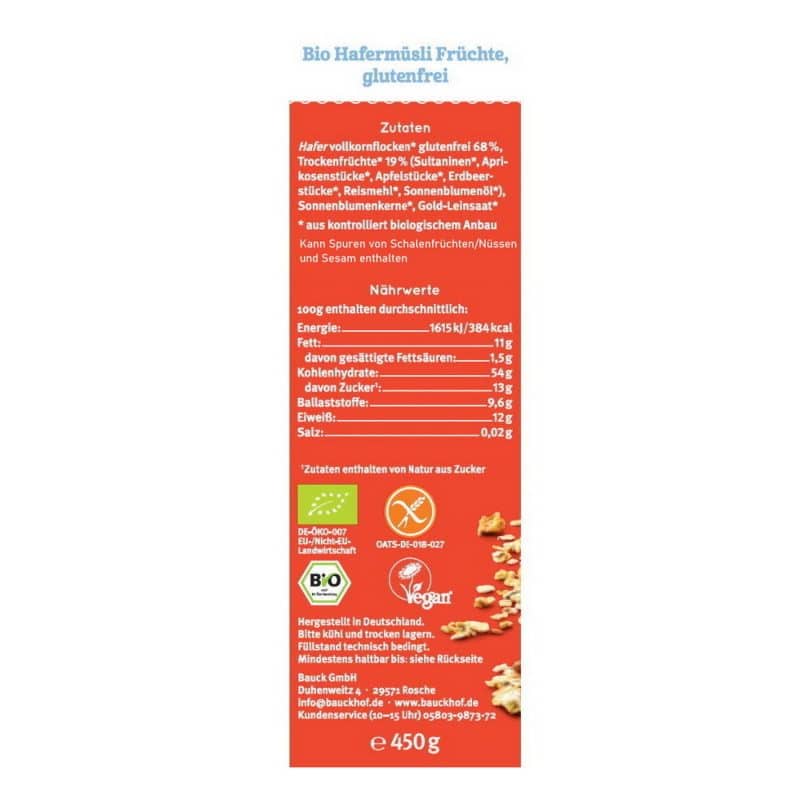 Bauckhof Bio Hafermüsli Früchte ungesüßt, glutenfrei – Detailbild 1 – jetzt kaufen bei Stadtmühle Waldenbuch