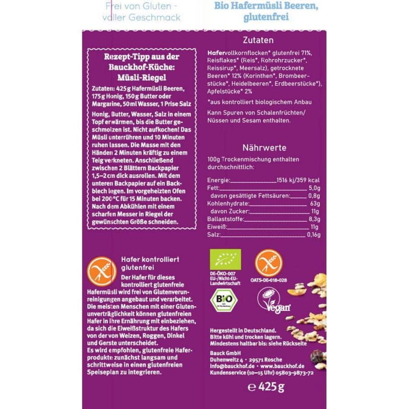 Bauckhof - Bio Hafermüsli mit Beeren glutenfrei – Detailbild 1 – jetzt kaufen bei Stadtmühle Waldenbuch