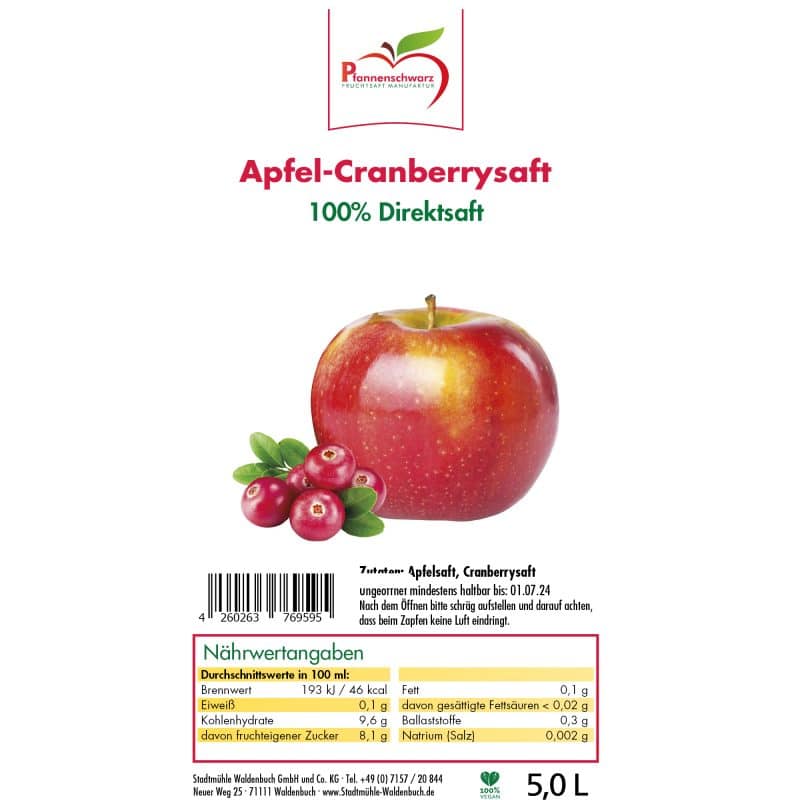 Apfel-Cranberrysaft 100% Direktsaft Bag in Box 5 L – Detailbild 2 – jetzt kaufen bei Stadtmühle Waldenbuch