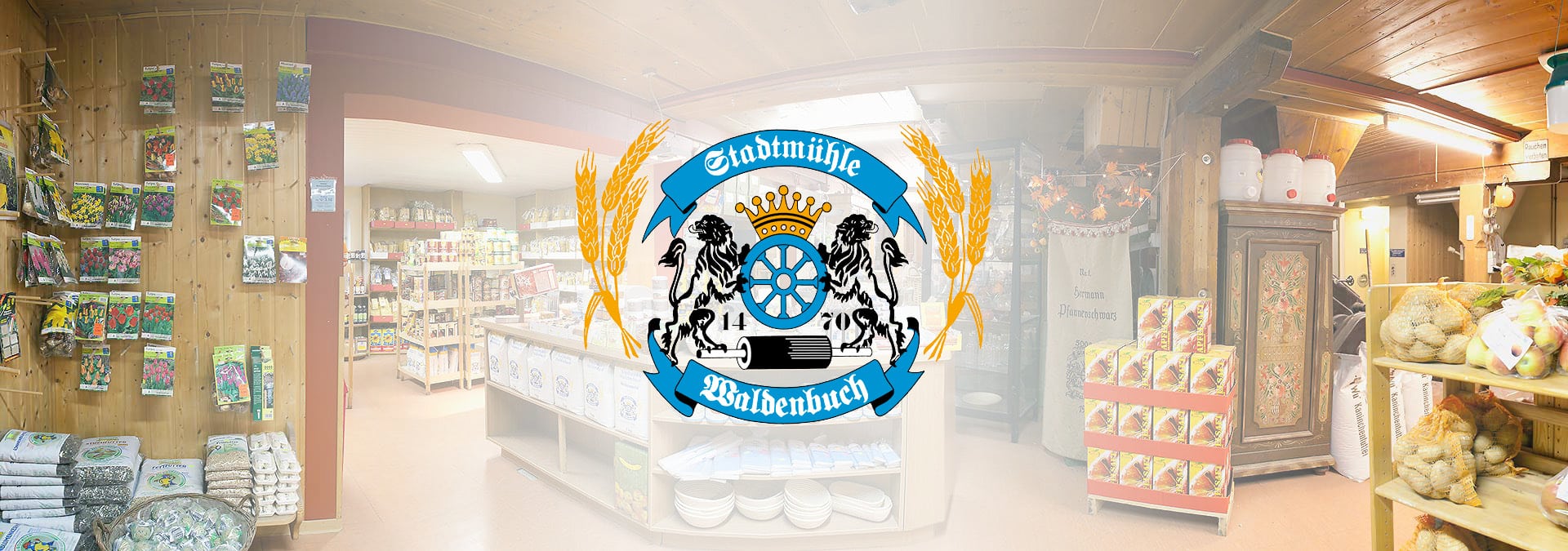 Der alte Mühlenladen der Stadtmühle Waldenbuch mit darüber gelegtem Logo